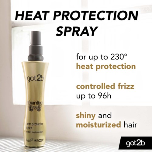 A heat protection spray bottle claims to protect hair up to 230°, control frizz for 96 hours, and keep hair shiny and moist.