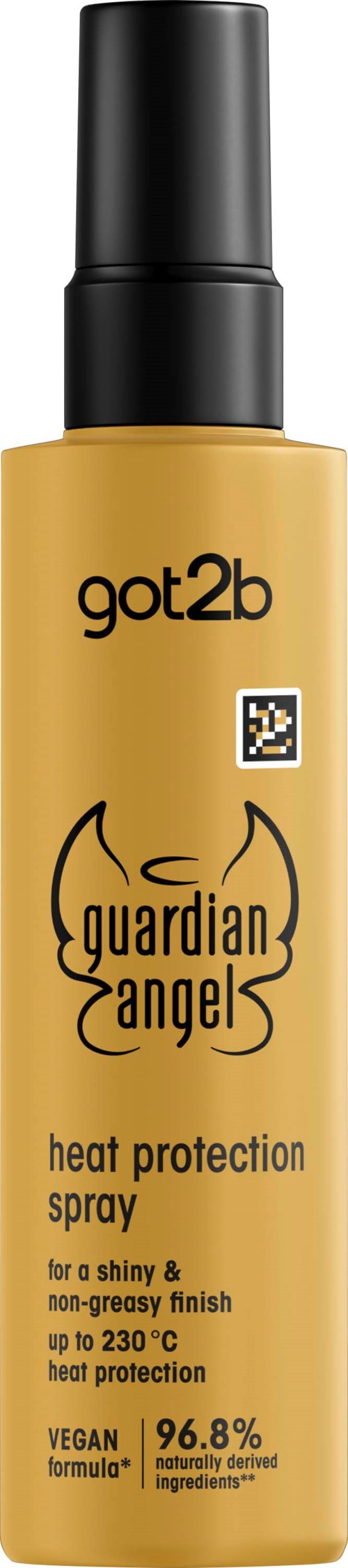 Flaska med got2b guardian angels värmeskyddsspray med svart lock och gul etikett.