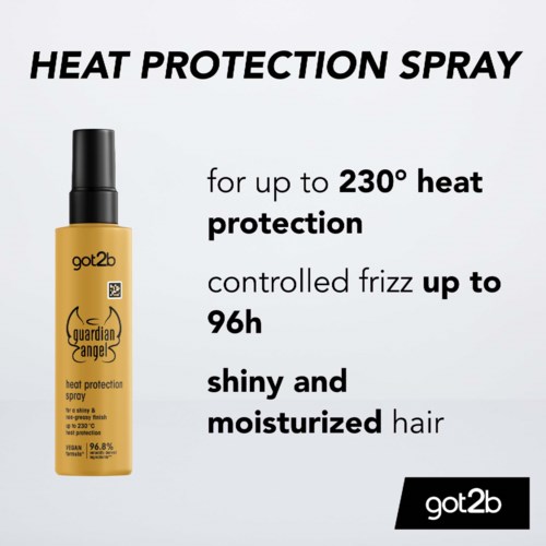 Produktetikett för värmeskyddsspray med upp till 230° skydd och 96 timmar mot frissigt hår.