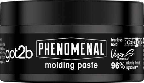 Zwarte container met witte tekst voor got2b Phenomenal modelleerpasta, veganistisch, 96% natuurlijke ingrediënten, makkelijk hold, opvallend labelontwerp.