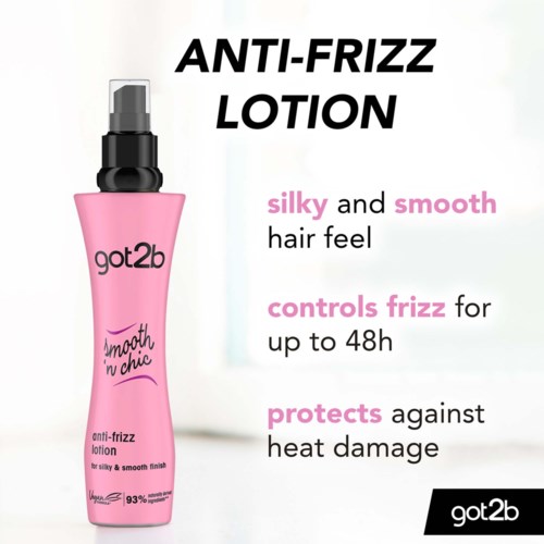 Een roze fles anti-frizz lotion met zwarte spraydop, bevordert glanzend, glad haar en hittebescherming.