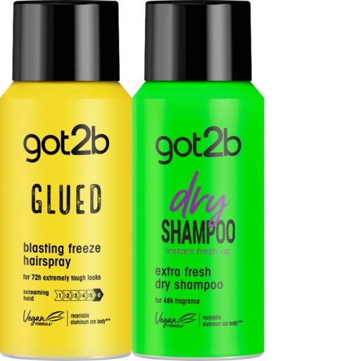 Gelbe Got2b Glued Haarspray und grüne Got2b Trockenshampoo Flaschen mit schwarzen Verschlüssen.