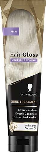 Een haarglansverpakking met paarse label en glanzend zilverhaar. Bevat haarverzorging met kokosolie.