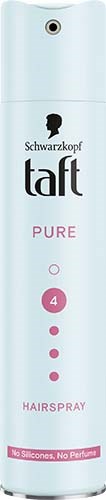 Een busje Schwarzkopf Taft PURE haarspray met witte en roze label, nummer 4 voor sterke fixatie.