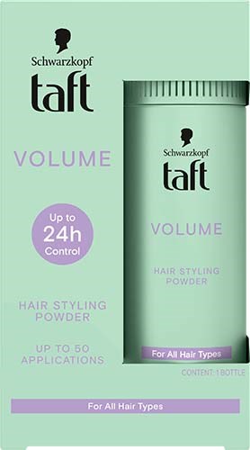 Een groen doosje van Schwarzkopf Taft haarpoeder, dat tot 24 uur houdbaarheid belooft en geschikt is voor alle haartypes.