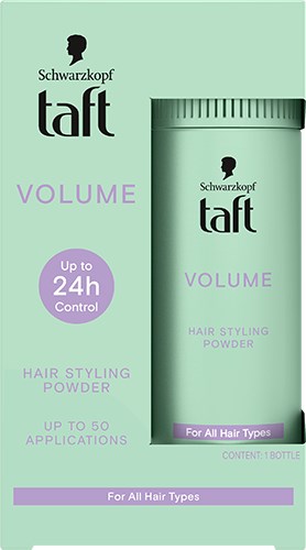 Een groene container en doos voor Schwarzkopf Taft haarspray, geschikt voor alle haartypes en langdurige controle.