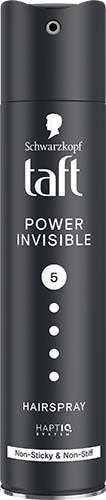 Een zwarte bus met Taft Power Invisible haarspray met witte tekst en logo.