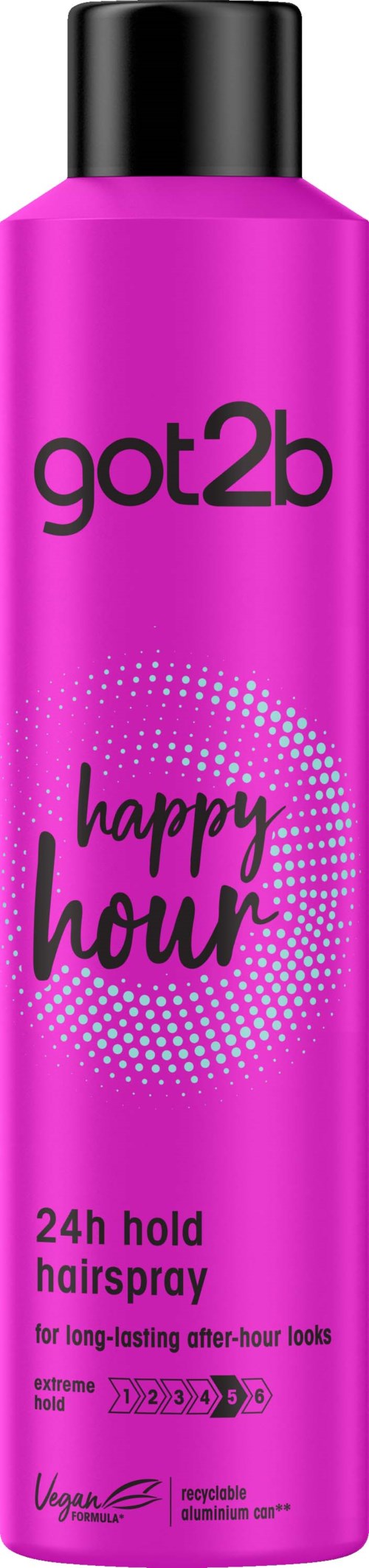 Roze bus met got2b happy hour 24uurs vasthoudende haarspray, zwarte dop, langdurige stijl.