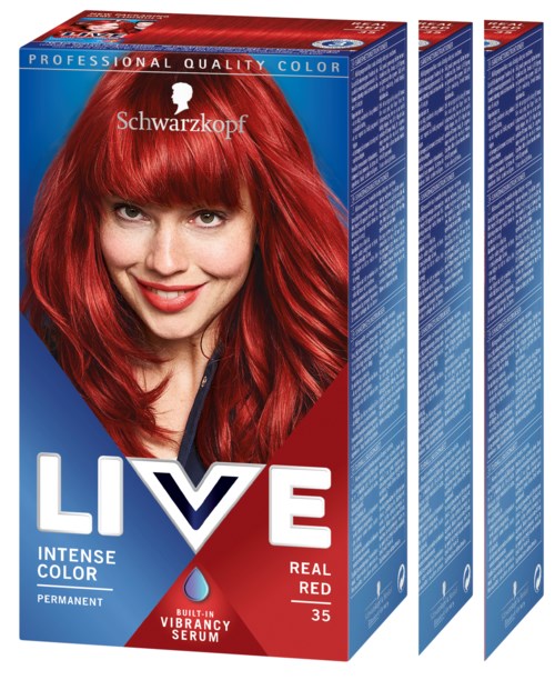 Box showing red-haired woman with bright makeup, brand name Schwarzkopf, and words about hair color and serum.