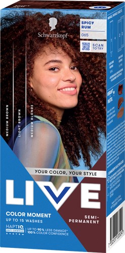 Een lachende vrouw met krullend haar op een haarverfdoos. De doos is blauw, zwart en wit.
