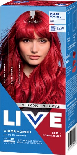 Rothaarige Frau mit ernstem Ausdruck auf einer Haarfärbebox. Marke ist Live, semi-permanente Farbe.