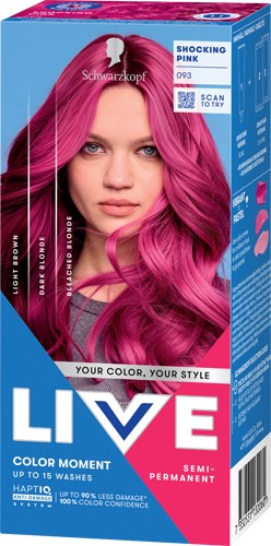 Heldere roze haar in losse golven op een haarverfdoos met merk en productinformatie.