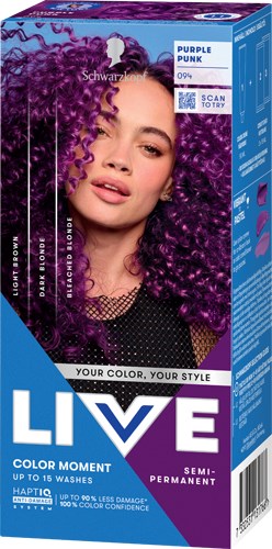 Verpakking voor semi-permanente paarse haarkleur met een vrouw met levendige paarse krullen.