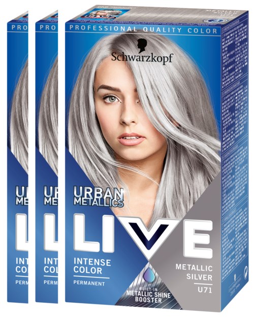 Drie dozen Schwarzkopf Live Urban Metallics haarkleuring in zilver. Heldere verpakking met een vrouw die stijlvol zilver haar heeft.