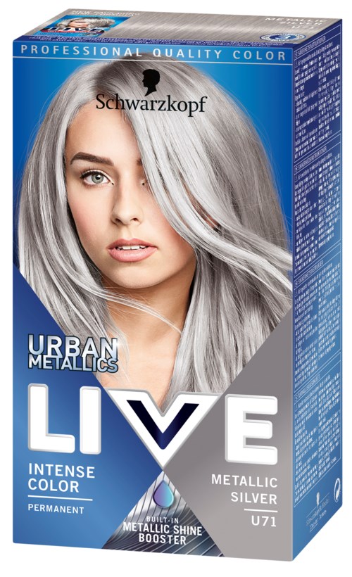 Een doos haarverf genaamd 'Urban Metals' met een vrouw met zilverkleurig haar op de voorkant.