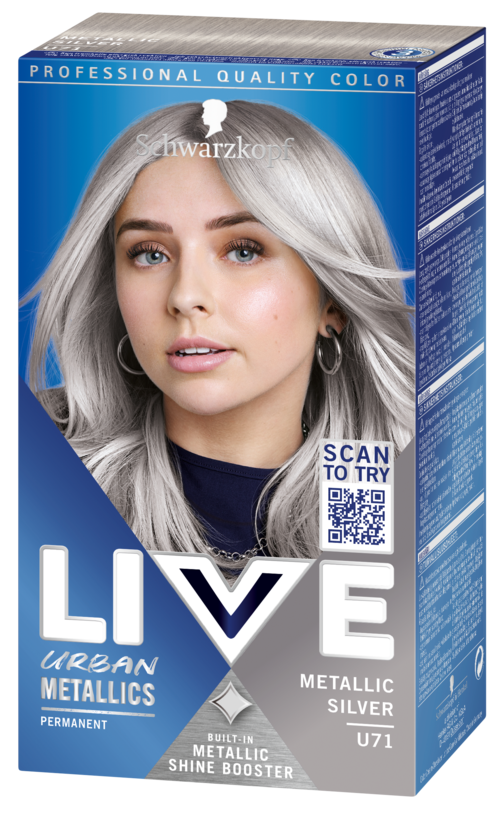 Een haarverfdoos toont een vrouw met zilver haar, blauwe ogen, oorbellen en de tekst 'LIVE' metallic zilver.