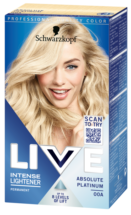En box av Schwarzkopf-hårfärg med en leende kvinna med blont hår, blå bakgrund och produktinformation.