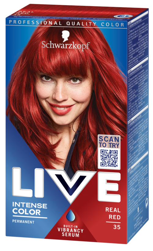 Verpakking met permanente haarverf en een vrouw met levendig rood haar die glimlacht. Tekst bevat merk, kleur en productdetails.