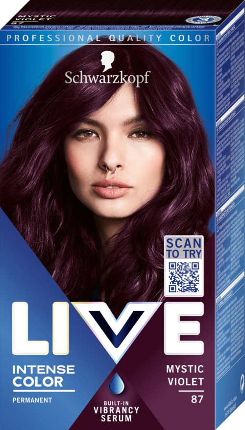 Förpackning av hårfärg märkt 'LIVE' i violett färg, med en kvinnas foto och en QR-kod för provfunktion.