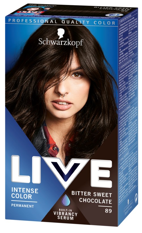 Een doos haarverf met een vrouw met donker, golvend haar op de voorkant, gemarkeerd als 'LIVE' en 'Intense Color'.