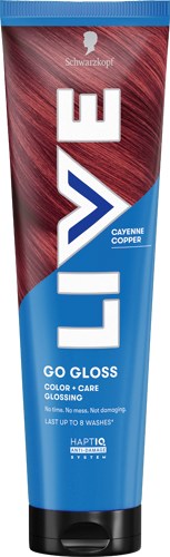 Een tube Licq lipgloss met blauw, rood en wit verpakt, vermeldt kleur en verzorgingsvoordelen.