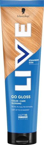 Een blauwe en bruine tube van Schwarzkopf Ice Go Gloss aardbeivluch haarverzorgingsproduct met zwarte dop.