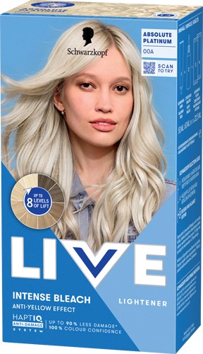 Blaues Pack mit Blondine, Markensymbol und Produktdetails für Haarbleiche und Aufheller.