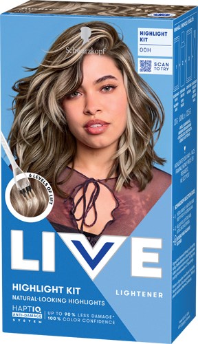 De afbeelding toont een vrouw met geverfd haar, en het product is een kit voor haarverlichting met natuurlijke highlights.