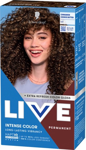 Verpakking van haarverf met een blij vrouw met krullend haar op de voorkant, blauw en bruin kleuren, en productdetails.