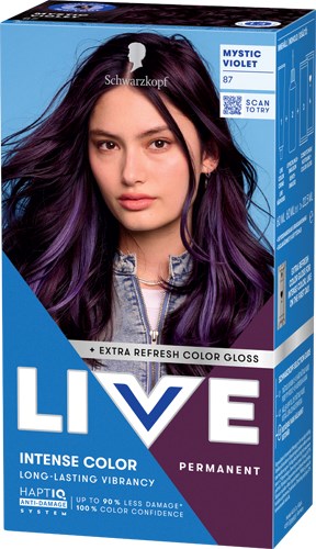 A woman with long purple and black hair on hair dye packaging.