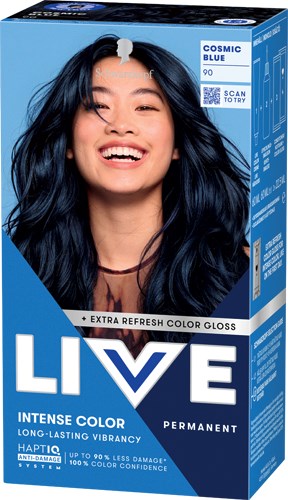 Glurende vrouw met donkerblauw haar, omgeven door een decoratieve blauwe doos, die permanente haarkleuring promoot.