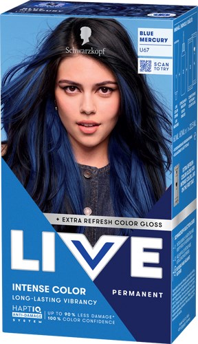 Box with a woman having blue and black hair and a serious face, hair flowing, product for hair color.