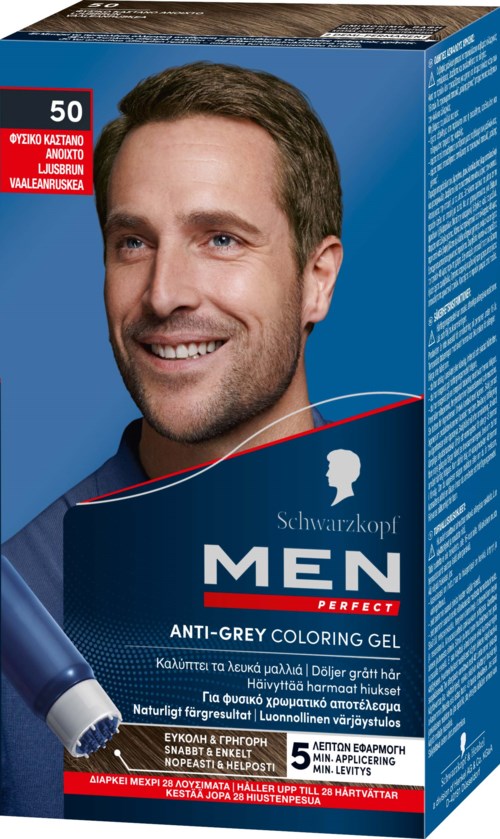 Box of men's coloring gel with a smiling man on it, labeled for gray hair coverage, contains 50 applications.
