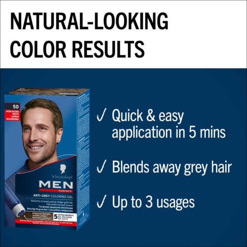 Logo for Schwarzkopf Men color gel, showing a smiling man and three key benefits listed.