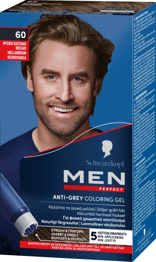 Box of men's hair coloring gel with a smiling man on the front, blue packaging, and various product details in different languages.