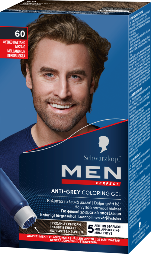 Blue box with a smiling man's face, text about men's anti-grey coloring gel, and blue and red color elements.
