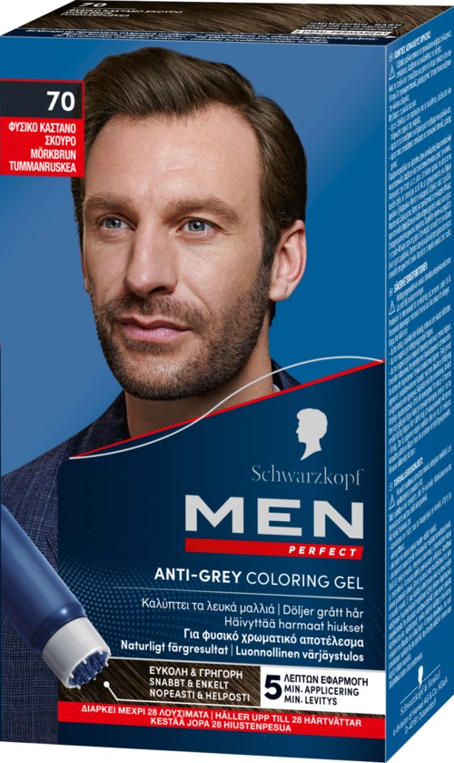 A box of Schwarzkopf Men Perfect Anti-Grey Coloring Gel showing a man with dark hair and beard.