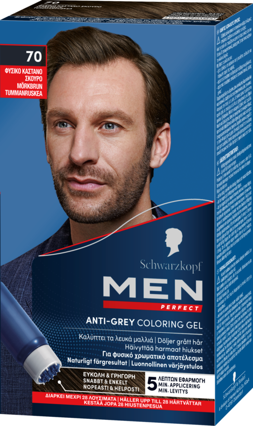 A box of men's anti-grey coloring gel featuring a man's face, product information, and blue design elements.