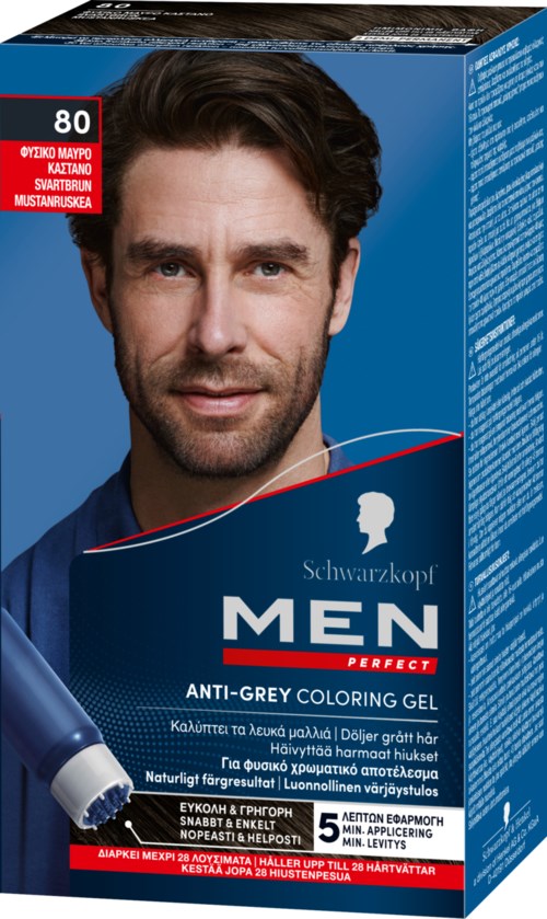 A box of Men Perfect Anti-Grey Coloring Gel with a man on the package, showing product details and usage instructions.