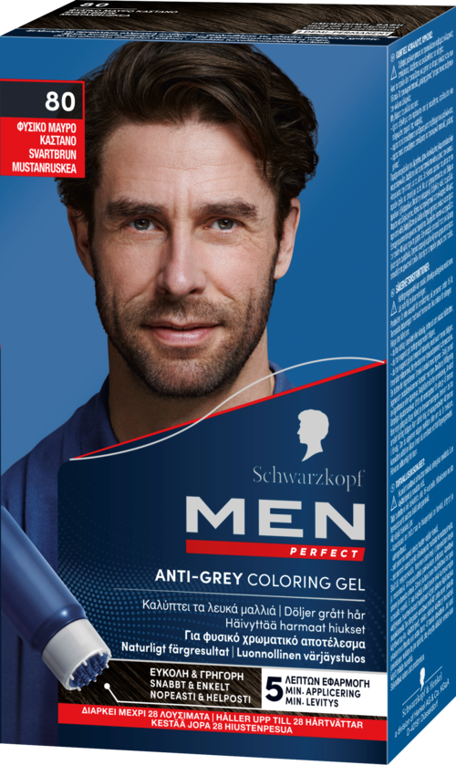 A box of men's anti-grey coloring gel featuring a man with dark hair on the front, mostly blue and red packaging.