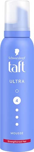 Blauwe spuitbus met Taft Ultra Mousse voor versterking van haar, nummer 4, met wit dop.