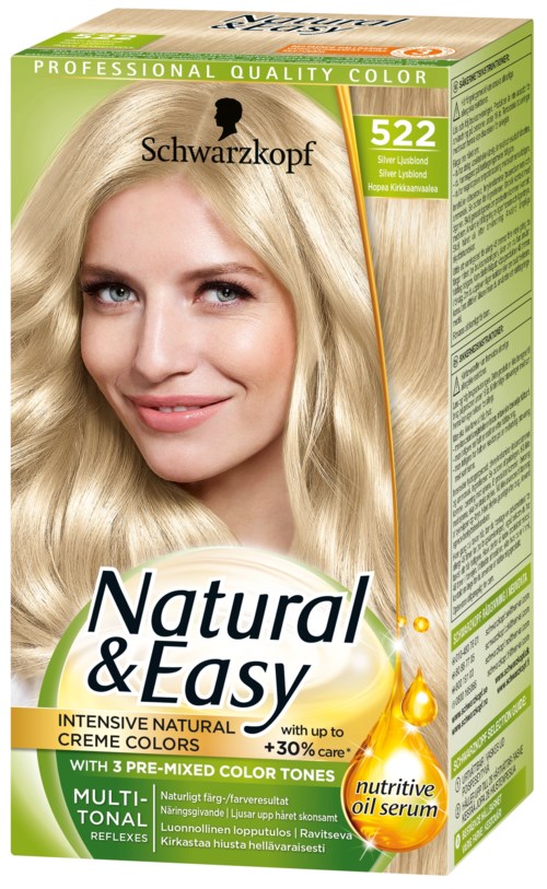 Blond kvinna med långt hår som ler, hårfärgningslåda med gröna och orange färger, och produktdetaljer.