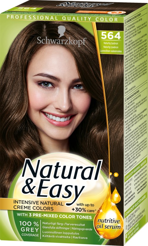 En kvinna med långt, lockigt brunt hår ler, på en hårfärgbox märkt 'Natural & Easy' med en vårdande serumbild.