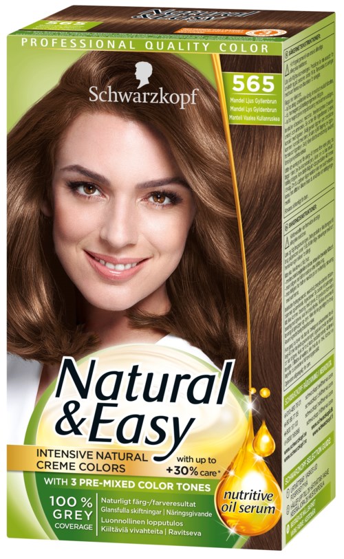 Förpackning med hårfärg och en leende kvinna som visar brunt hår, märkt som Natural & Easy, med doft av närande oljeserum.