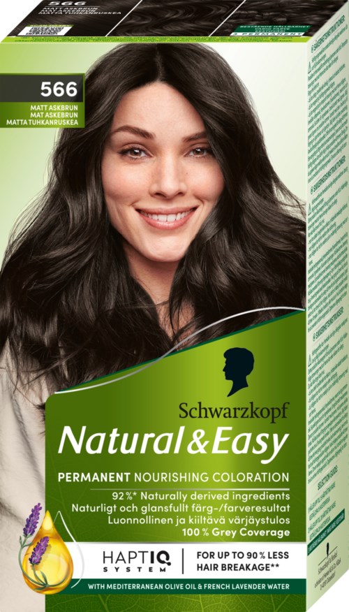 Een vrouw met lang donker haar die glimlacht op de verpakking voor haarverf. Groene, zwarte en paarse kleuren met tekst en logo.