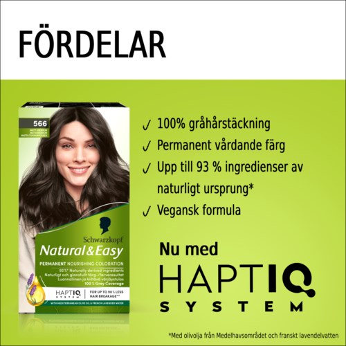 Doos haarverf met een lachende vrouw, benadrukt voordelen zoals natuurlijke kleur, vegan formule en langdurige kleuring.