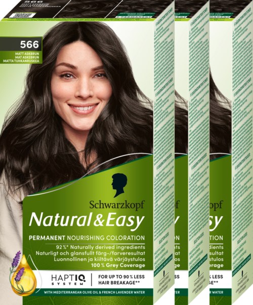 Schwarzkopf Natural & Easy Haarfarbe mit lachender Frau. Grüne und schwarze Verpackung. Enthält pflegende Inhaltsstoffe.
