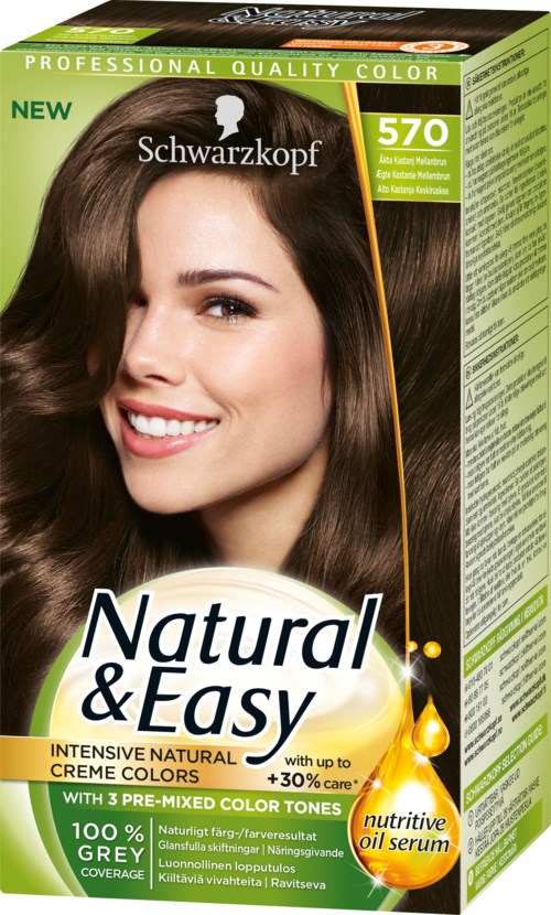 En hårfärgningslåda med en leende kvinna som visar brunt hår, märkt 'Natural & Easy' och 'Intensive Natural Creme Colors.'
