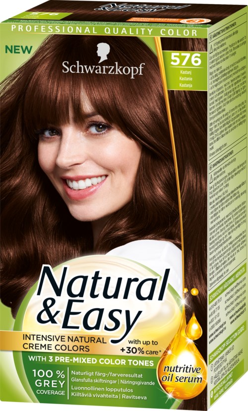 En kvinna med långt, lockigt brunt hår, ler, på en hårfärgningsförpackning märkt 'Natural & Easy' i grönt och gult.
