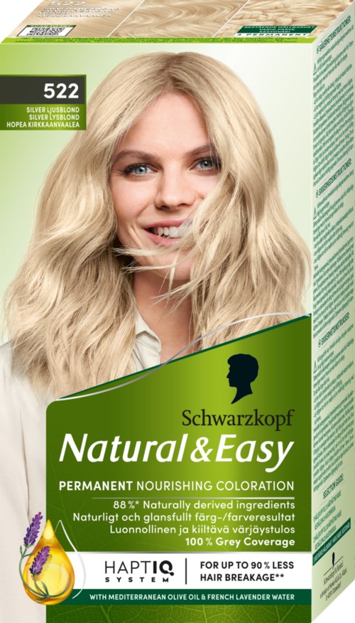 Een blonde vrouw met golvend haar die glimlacht op een haarverfdoos met de tekst 'Schwarzkopf Natural & Easy'.